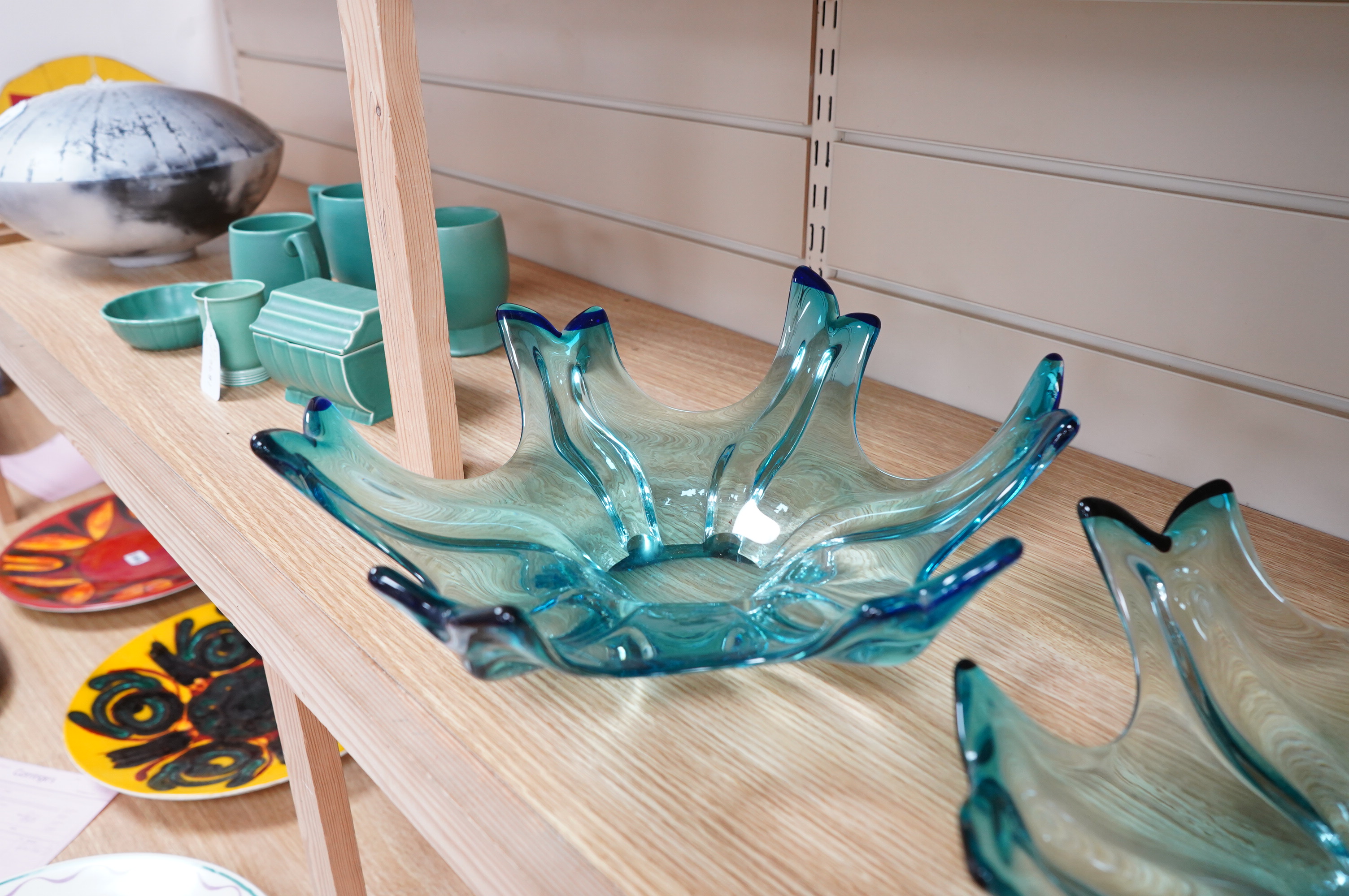 Two 1950's/60's Murano glass ‘rain drop’ blue glass dishes, 37cm in diameter